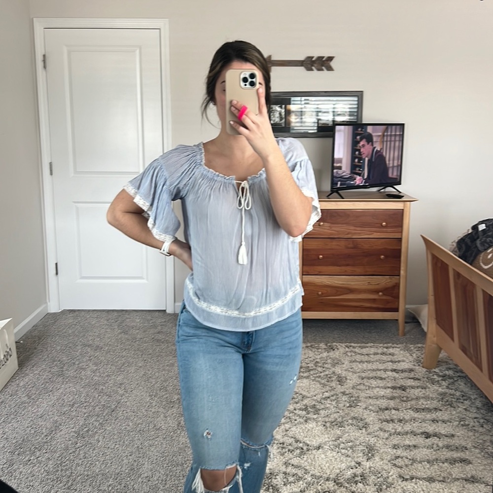 Square neck short sleeve blouse